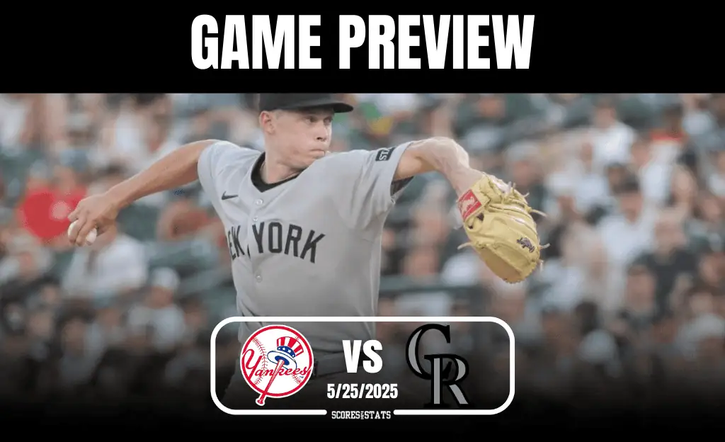 A pitcher in a gray New York Yankees uniform throws a pitch during a game, with a crowd watching in the background. Game preview banner displayed.