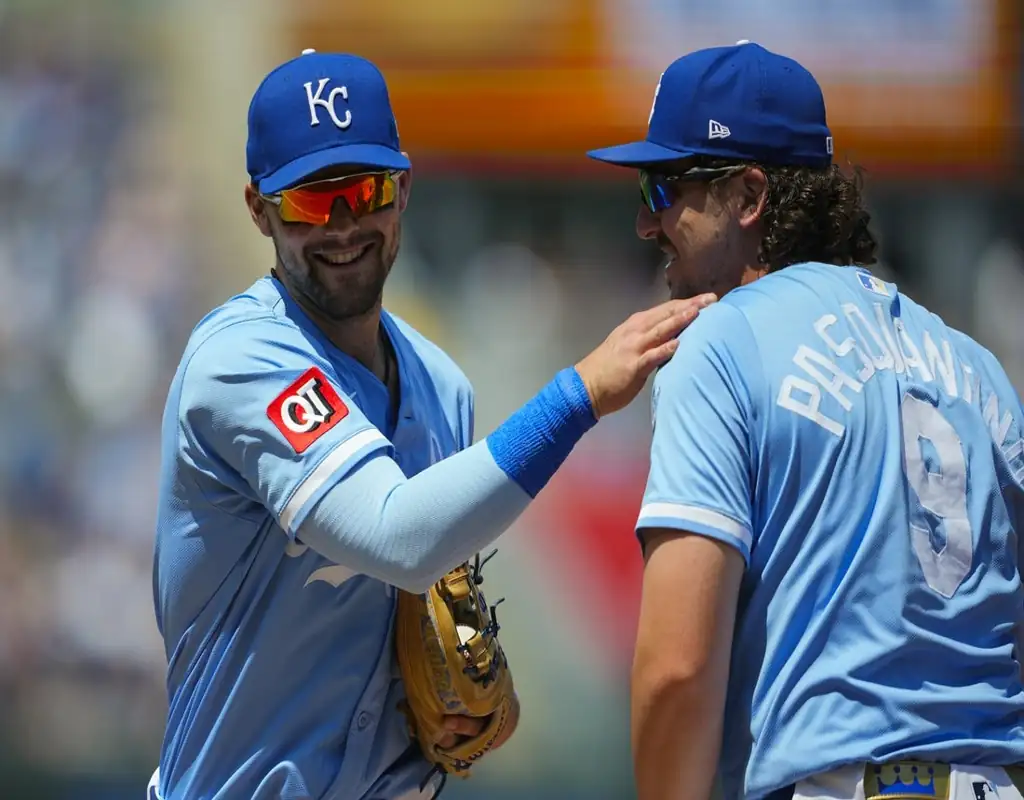 Kansas City Royals players share a laugh during May 14, 2025 MLB game vs Houston Astros