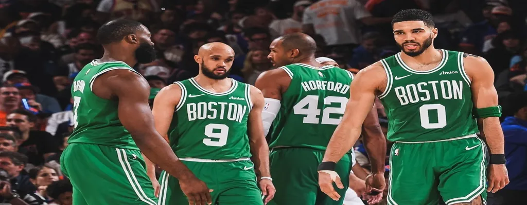 New York Knicks vs Boston Celtics Picks and Predictions May 12th 2025 2 Jayson Tatum, Al Horford, and teammates in Boston Celtics uniforms during NBA game