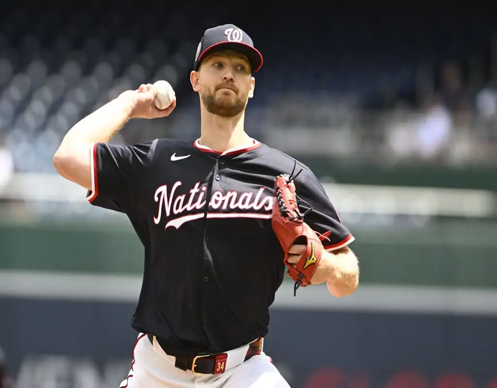 Washington Nationals pitcher winds up during May 13, 2025 MLB matchup vs Atlanta Braves