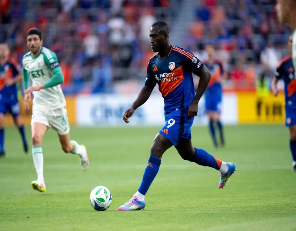 FC Cincinnati player controls the ball during a match against Columbus Crew on May 17, 2025