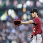 Arizona Diamondbacks pitcher prepares to catch the ball during the game against Los Angeles Dodgers on May 19, 2025