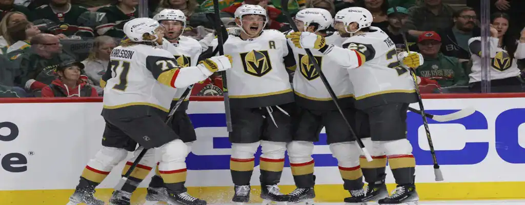 Edmonton Oilers vs Vegas Golden Knights Picks and Predictions May 12th 2025 2 Vegas Golden Knights players celebrate on the ice during NHL game