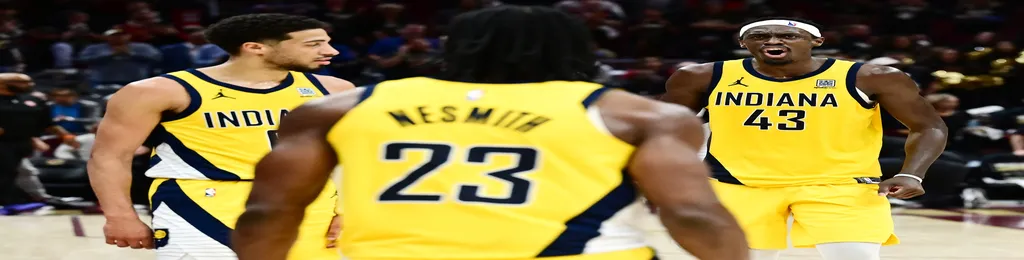 Indiana Pacers vs New York Knicks Picks and Predictions May 27th 2025 3 Indiana Pacers players celebrating together on the basketball court during a game.