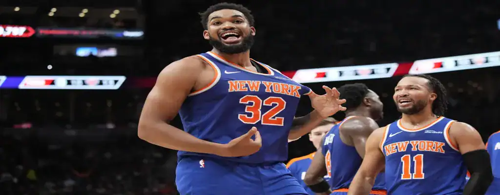New York Knicks vs Boston Celtics Picks and Predictions May 16th 2025 3 New York Knicks center celebrates during NBA game with teammates