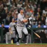 New York Yankees batter watches ball after contact during May 13, 2025 MLB game vs Seattle Mariners