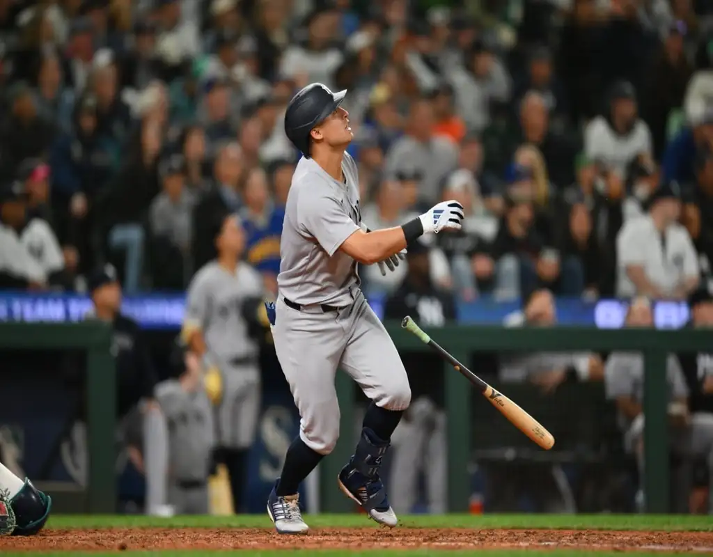 New York Yankees batter watches ball after contact during May 13, 2025 MLB game vs Seattle Mariners