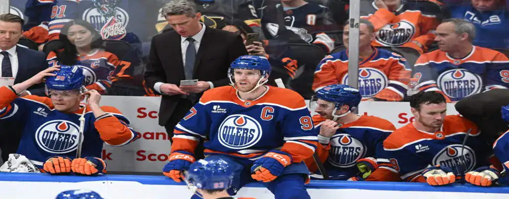 Edmonton Oilers vs Vegas Golden Knights Picks and Predictions May 12th 2025 3 Edmonton Oilers players on the bench during NHL game