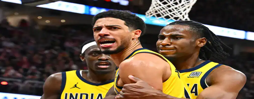 Indiana Pacers vs New York Knicks Picks and Predictions May 31st 2025 3 Indiana Pacers players restraining teammate during intense moment near the basket