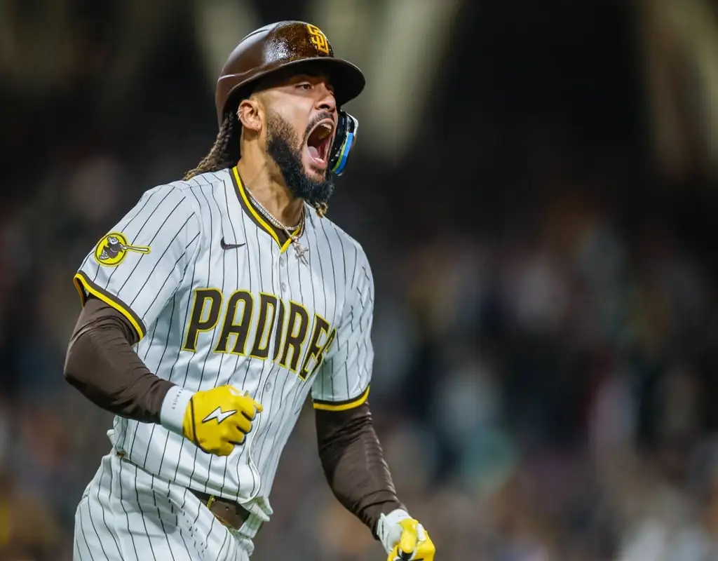 San Diego Padres player celebrates during May 14, 2025 MLB matchup vs Los Angeles Angels