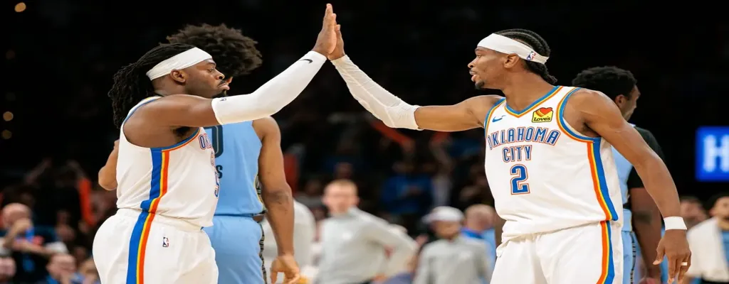Oklahoma City Thunder vs Minnesota Timberwolves Picks and Predictions May 20th 2025 3 Oklahoma City Thunder players celebrate with a high five during NBA game