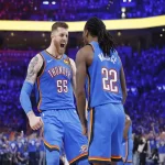 Oklahoma City Thunder players celebrate during the game against Minnesota Timberwolves on May 20, 2025