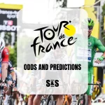 Cyclists race toward the finish line in the Tour de France, with a graphic overlay reading Odds and Predictions.