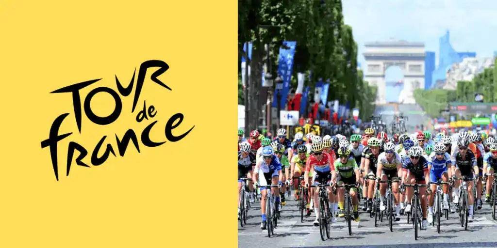 Ciclistas compitiendo en el Tour de Francia 2024 por los Campos Elíseos en París, con el icónico Arco del Triunfo al fondo.