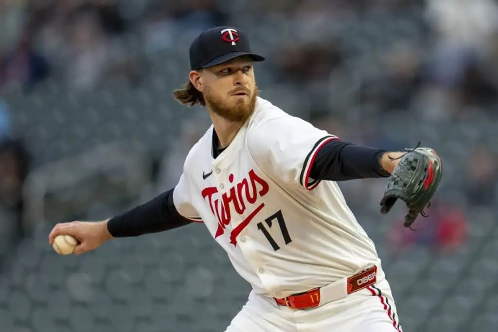 A pitcher from the Minnesota Twins in a white jersey with red lettering and the number 17, poised to throw a baseball.