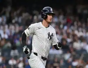 New York Yankees player runs the bases during a game against the Texas Rangers on May 20, 2025