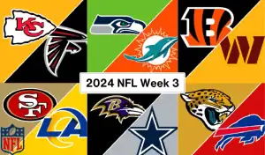 Logos de los equipos destacados en la Semana 3 de la NFL 2024, incluyendo Chiefs, Falcons, Seahawks, Dolphins, Bengals, Washington, 49ers, Rams, Ravens, Cowboys, Jaguars y Bills.