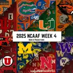 Graphic displaying matchups and predictions for 2025 NCAA football Week 4, featuring team logos and vibrant colors.