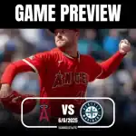 A pitcher in a red Angels jersey throws a baseball during a game preview against the Seattle Mariners on June 6, 2025.