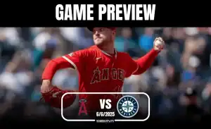 A pitcher in a red Angels jersey throws a baseball during a game preview against the Seattle Mariners on June 6, 2025.