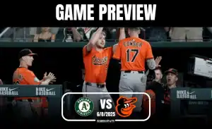 Two Baltimore Orioles players celebrate in the dugout, wearing bright orange jerseys, with a graphic overlay for the game preview.