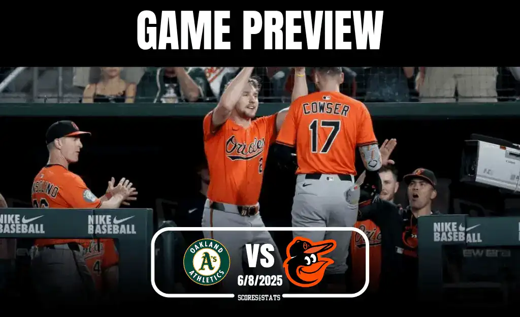 Two Baltimore Orioles players celebrate in the dugout, wearing bright orange jerseys, with a graphic overlay for the game preview.