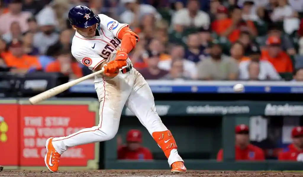 Houston Astros batter connects with the ball during the game against the Chicago Cubs on June 27, 2025