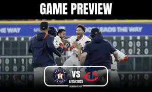 A group of Houston Astros players celebrate on the field, with a scoreboard in the background indicating excitement for the game preview.