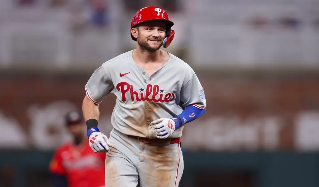 Philadelphia Phillies player celebrates during MLB game against Atlanta Braves on June 28th 2025