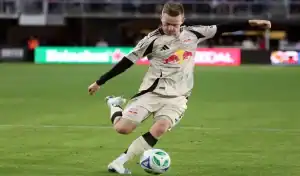 New York Red Bulls player strikes the ball during MLS match against Austin FC, June 14th 2025