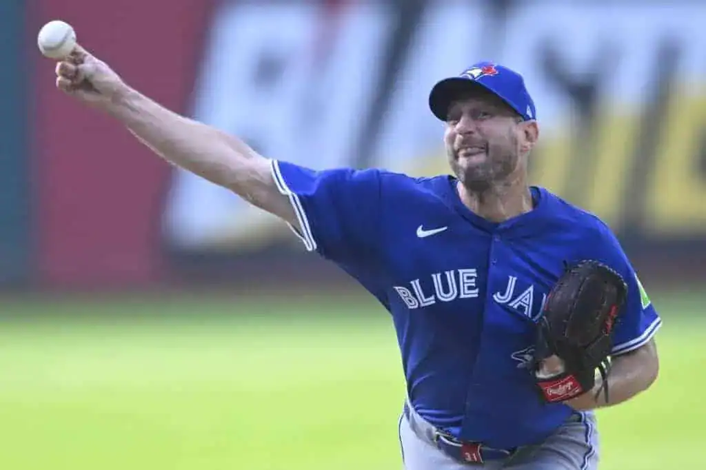 A Toronto Blue Jays pitcher throws a pitch during a game.