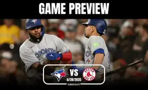Two Toronto Blue Jays players celebrate in their grey uniforms against a dark background, with game preview text prominently displayed.