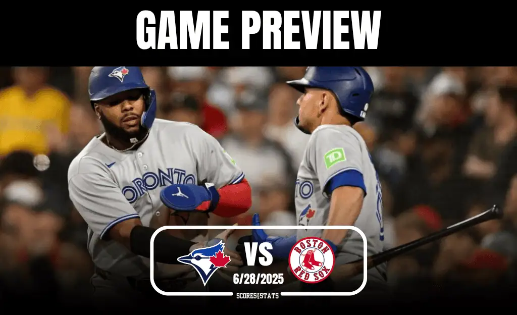 Two Toronto Blue Jays players celebrate in their grey uniforms against a dark background, with game preview text prominently displayed.