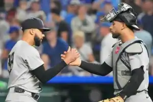 Two baseball players in gray uniforms share a handshake during a game, with a crowd of fans visible in the background.