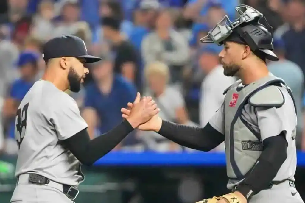 Two baseball players in gray uniforms share a handshake during a game, with a crowd of fans visible in the background.