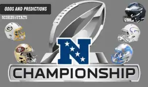 Imagen con cascos de equipos NFL como Packers, 49ers y Eagles para el Campeonato NFC de la temporada 2025-26.