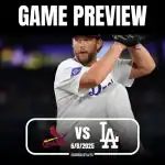 A pitcher prepares to throw on the mound, with game preview details for the Cardinals vs. Dodgers matchup on June 8, 2025.