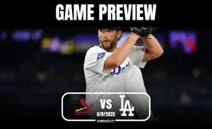 A pitcher prepares to throw on the mound, with game preview details for the Cardinals vs. Dodgers matchup on June 8, 2025.