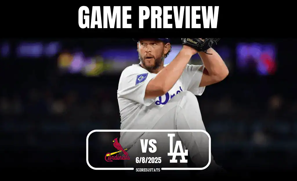 A pitcher prepares to throw on the mound, with game preview details for the Cardinals vs. Dodgers matchup on June 8, 2025.