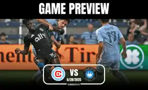 Two soccer players collide on the field during a match preview for Chicago Fire vs Charlotte Football Club, 6/28/2025.