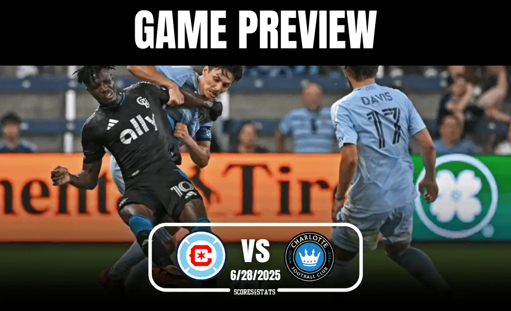 Two soccer players collide on the field during a match preview for Chicago Fire vs Charlotte Football Club, 6/28/2025.