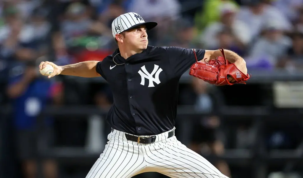 New York Yankees pitcher throws a pitch during MLB game against Cincinnati Reds on June 23rd 2025