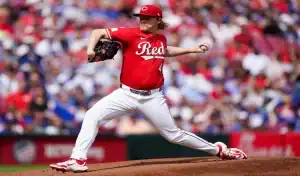 Cincinnati Reds pitcher in action against San Diego Padres during MLB game June 28th 2025