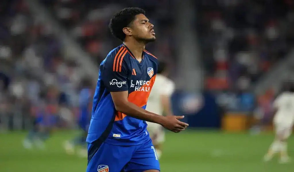 FC Cincinnati player reacts during match against New England Revolution, June 14th 2025
