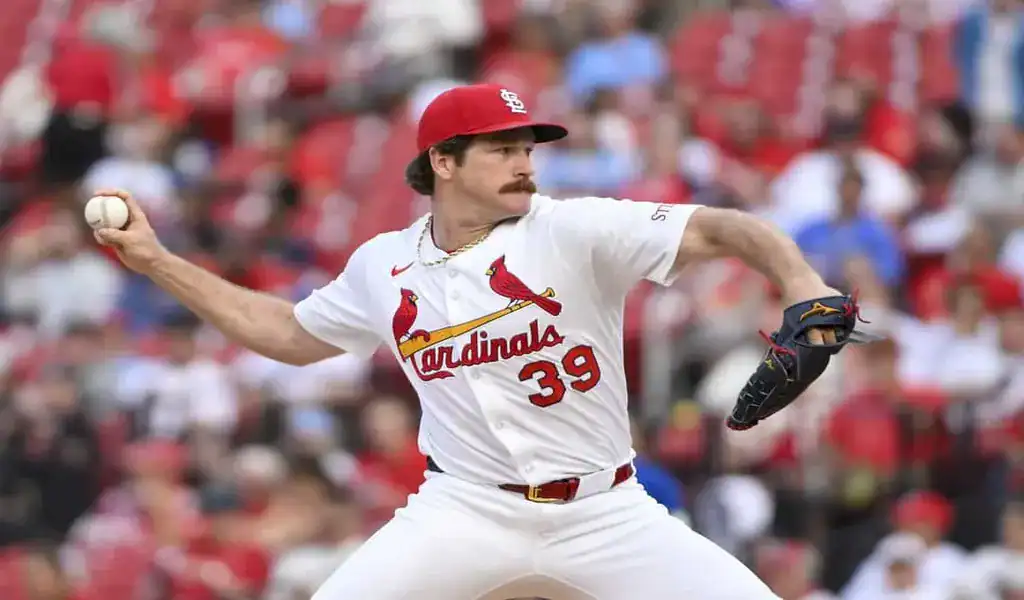 St. Louis Cardinals pitcher winds up during MLB matchup vs Cleveland Guardians on June 28th 2025