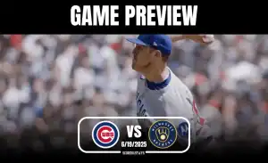 A baseball pitcher in a Cubs uniform is throwing a pitch on a sunny day, with fans in the background. Game preview details are displayed.