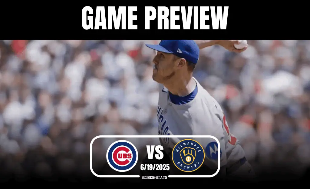 A baseball pitcher in a Cubs uniform is throwing a pitch on a sunny day, with fans in the background. Game preview details are displayed.