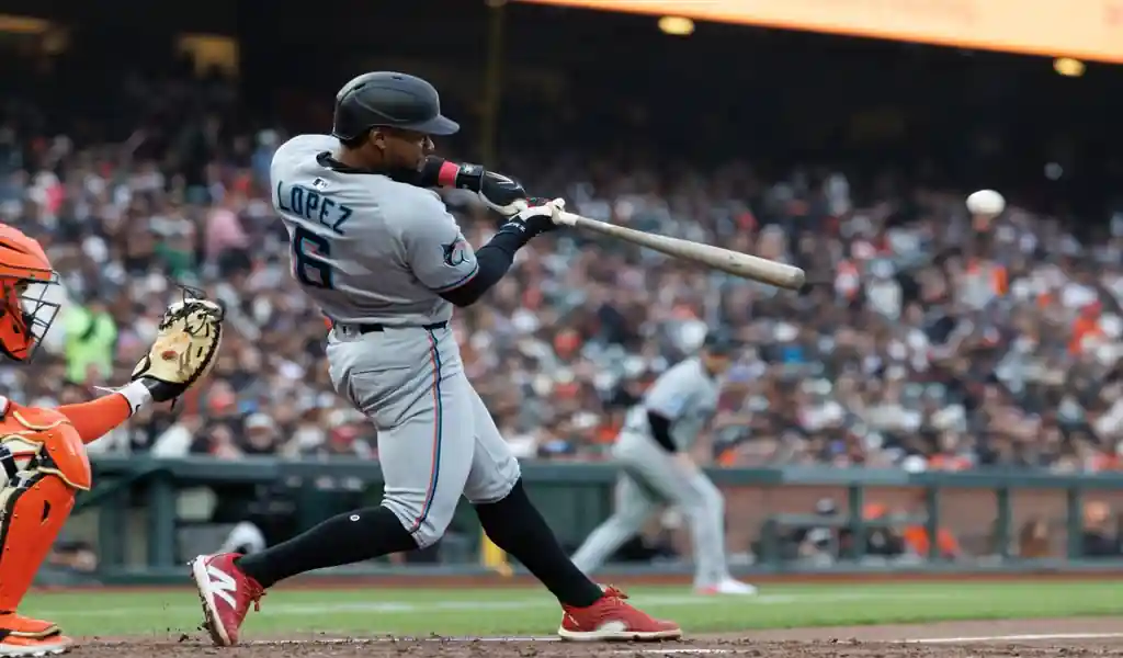 Miami Marlins player swings at a pitch during the game against the Arizona Diamondbacks on June 27, 2025