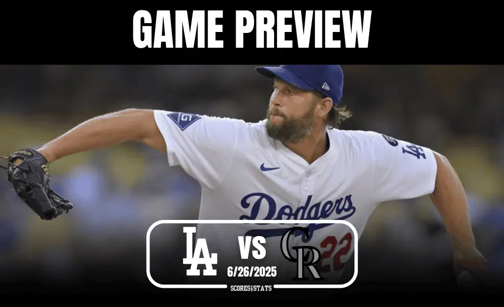 A Los Angeles Dodgers pitcher delivers a pitch in a game preview against the Colorado Rockies, dated June 26, 2025.