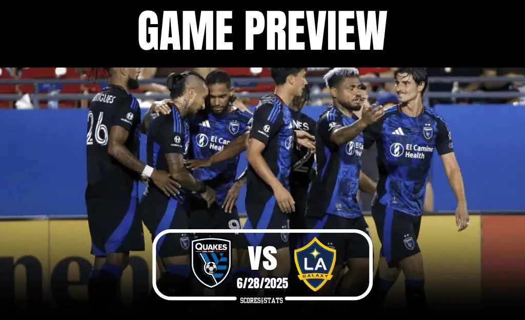 San Jose Earthquakes team celebrating a goal during a match against LA Galaxy. Game preview displayed above.